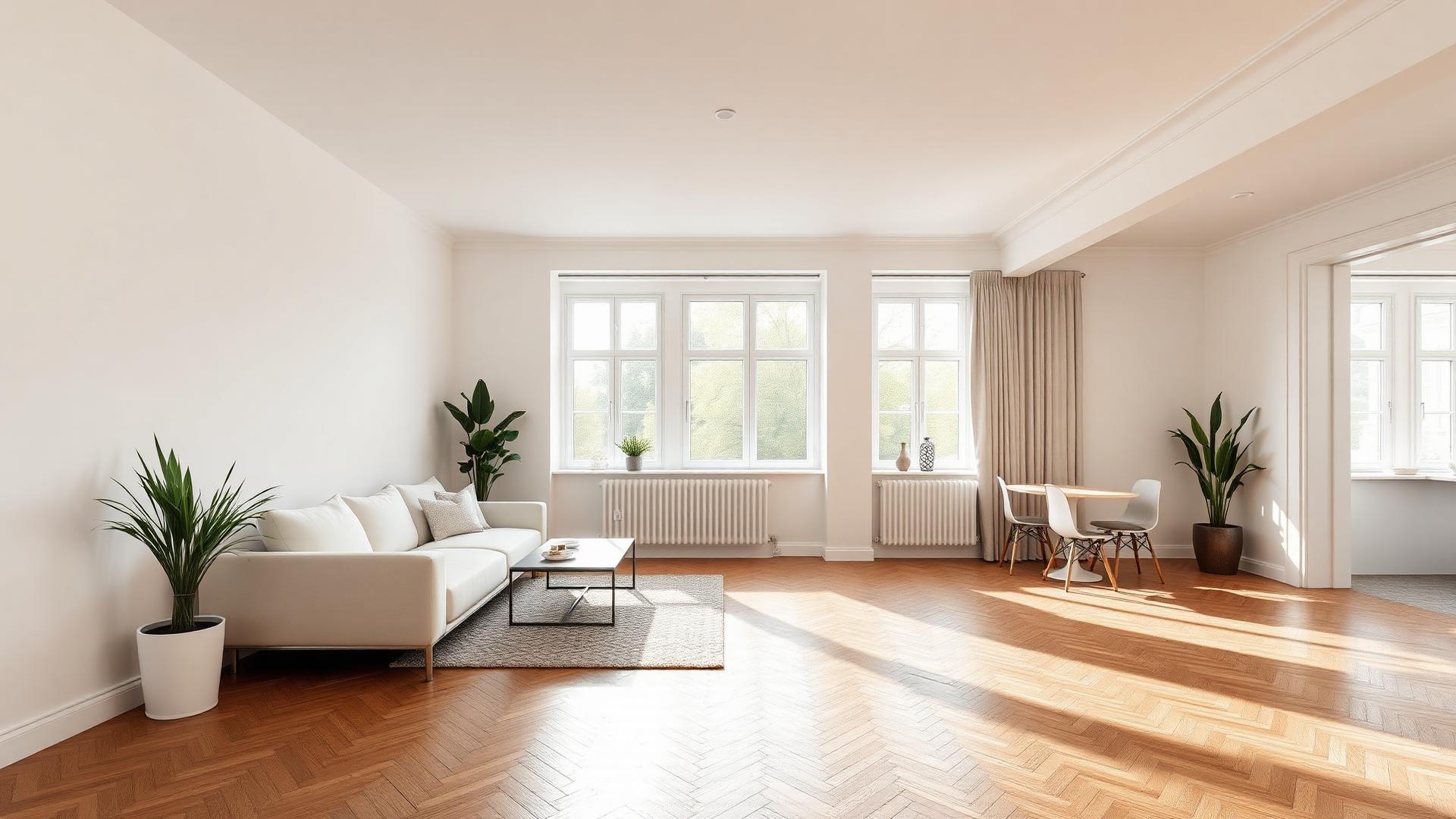 Bright, freshly painted interior with newly laid oak parquet flooring